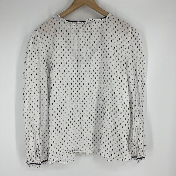 Loft Top Size XL Navy White Swiss Dot Shirt Popover Clip Ruffle Bib Blouse - Picture 5 of 8